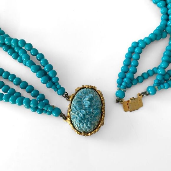 Vintage Glass Turquoise Muti Strand Carved Clasp Necklace - Picture 6 of 8